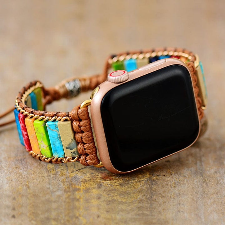 Boho Apple Watch Wickelarmband, handgemacht, bunte Steine, Leder, modisch, einzigartig.