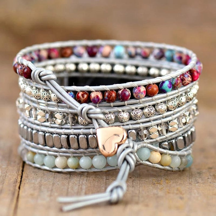 Handgemachtes Boho Wickelarmband für Apple Watch, Meeresjaspis, mehrfarbig, Leder.