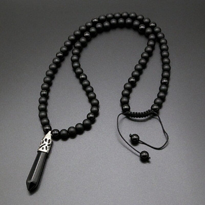 Schwarze Onyx Mala Halskette, handgemacht, Boho-Stil, mit Anhänger, 108 Perlen.