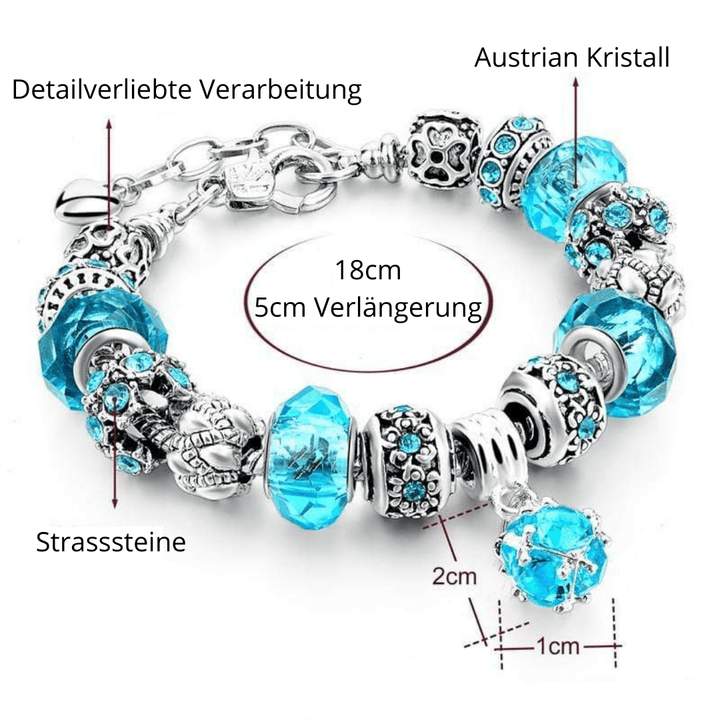 Charm-Armband-Set, türkis, Strasssteine, Austrian Kristall, 18cm, 5cm Verlängerung, detailverliebt.