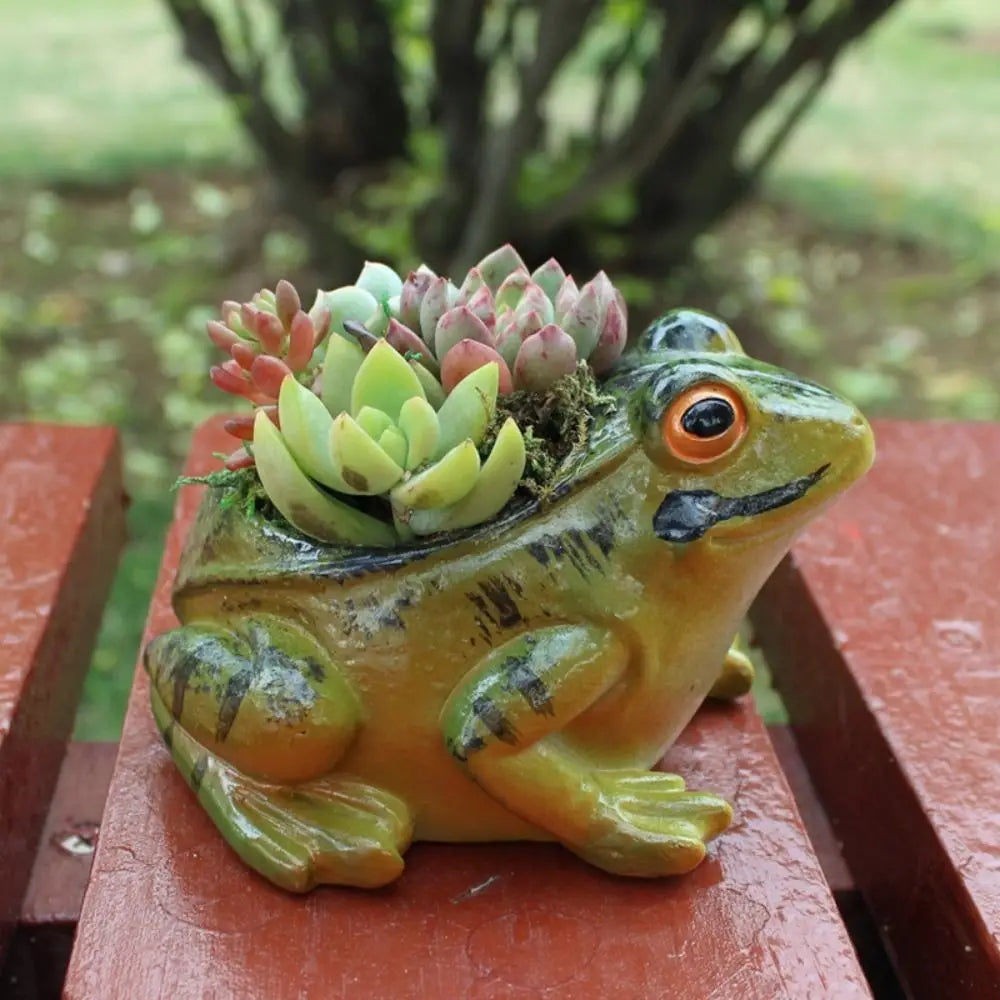 Frosch-Blumentopf aus Harz mit Sukkulenten, dekorative Gartenfigur, grün, für Innen und Außen.
