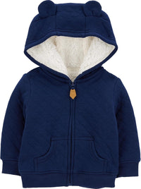 Dunkelblauer Baby-Kapuzenpullover mit Ohren, Fleece-Innenfutter, Reißverschluss, Baumwolle.
