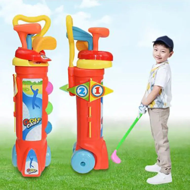Kinderspielzeug Golfset mit Schlägern, Tasche und Zubehör, bunt, für draußen, Golfspiel.