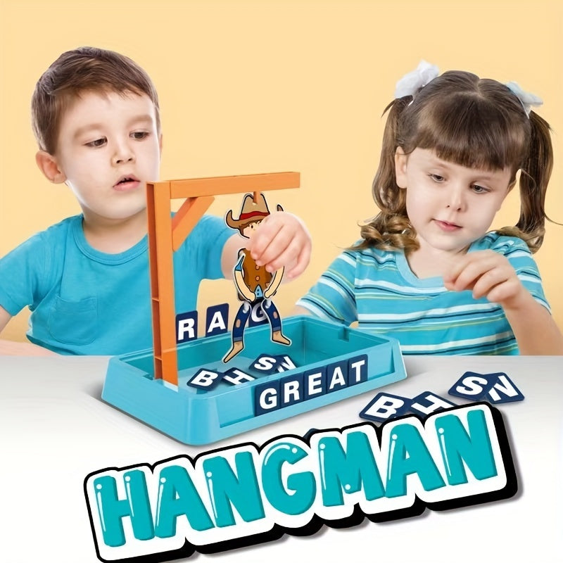 Zwei Kinder spielen mit Hangman-Spielzeug, Buchstaben, blaues Tablett, Lernspielzeug.