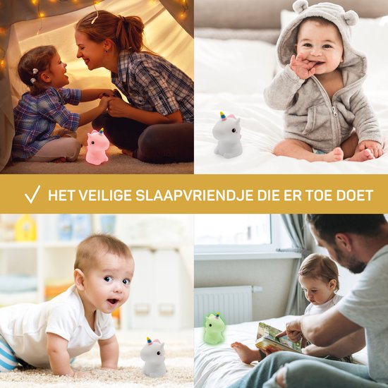 Vier Bilder von Babys mit Plüsch-Einhorn-Nachtlicht, sicherer Schlafbegleiter.