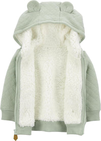 Grüne Babyjacke mit Kapuze und Ohren, gefüttert, Reißverschluss, weiches Fleece, Winterkleidung.