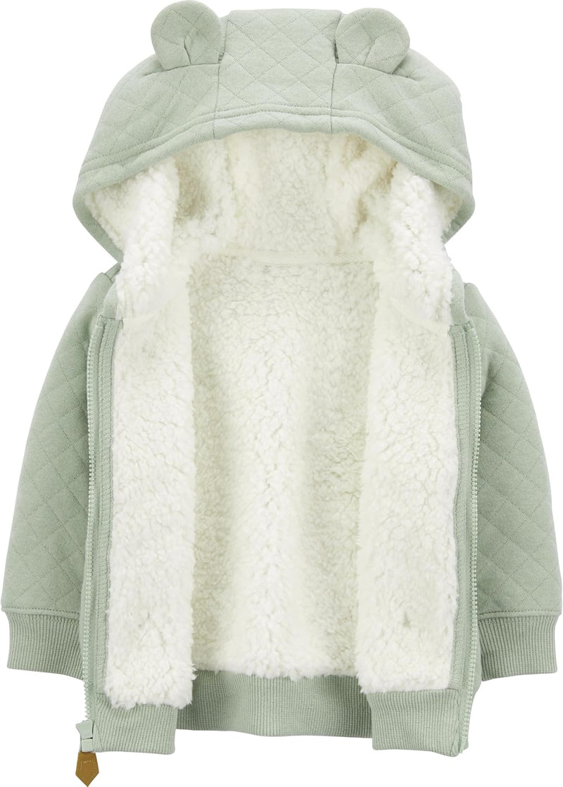 Grüne Babyjacke mit Kapuze und Ohren, gefüttert, Reißverschluss, weiches Fleece, Winterkleidung.