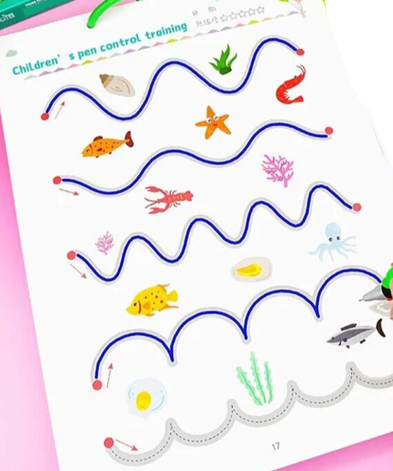 Kinder Übungsheft, Stiftkontrolle, Meerestiere, bunte Linien, Vorschule, Lernspielzeug