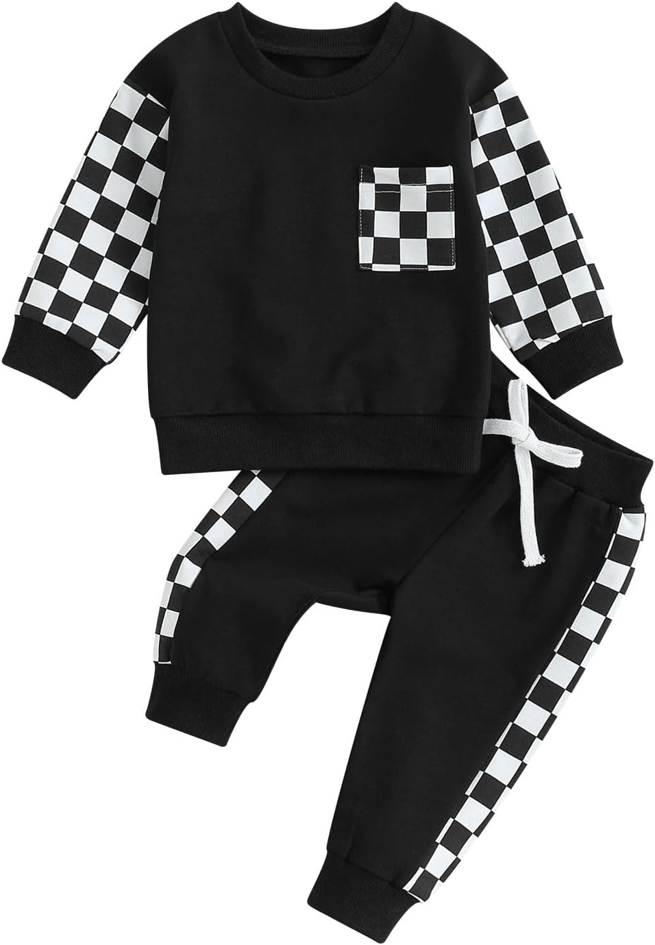 Schwarz-weiß kariertes Kinder-Sweatshirt und Jogginghose Set, Baumwolle, Freizeitkleidung.