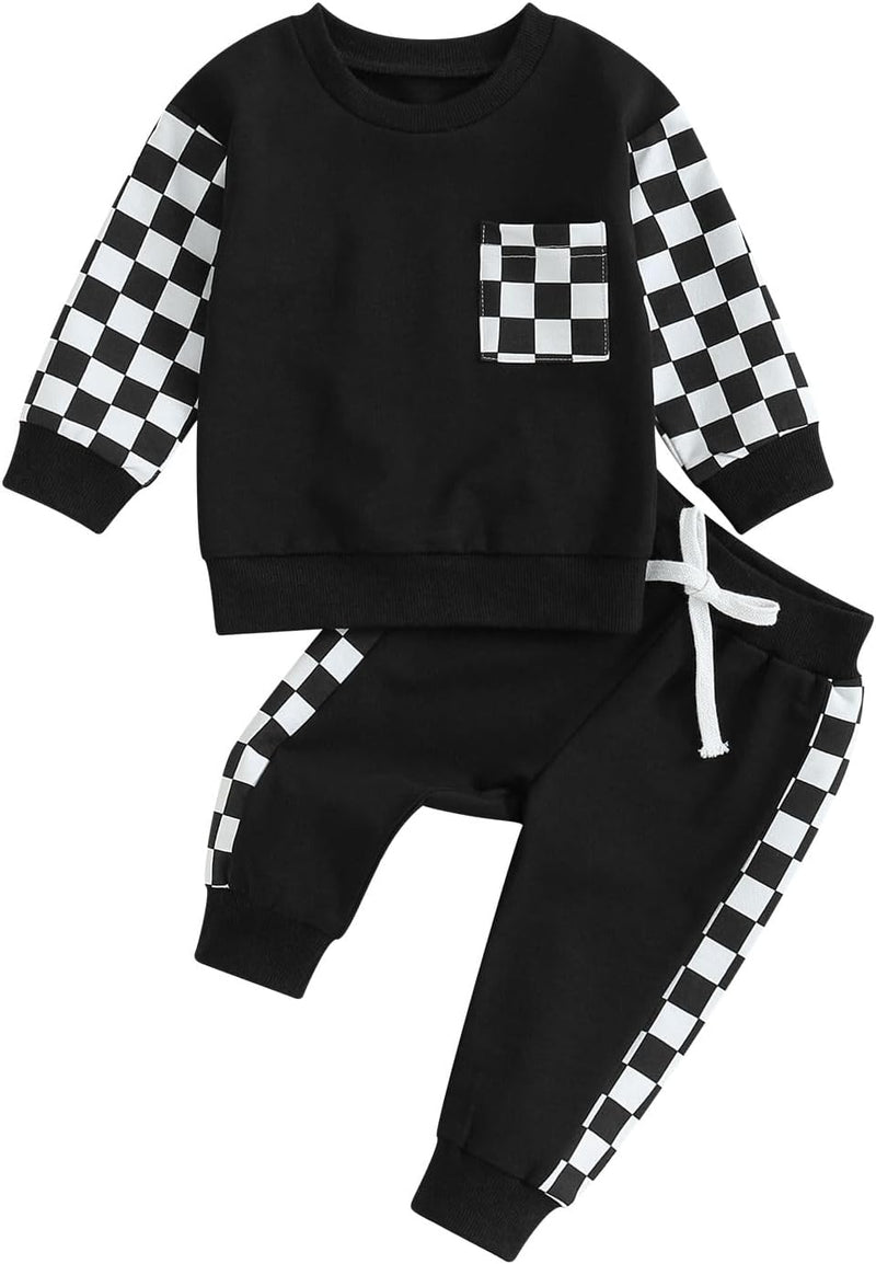 Schwarz-weiß kariertes Kinder-Sweatshirt und Jogginghose Set, Baumwolle, Freizeitkleidung.