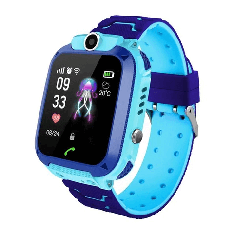 Blaue Smartwatch für Kinder mit Kamera, Silikonarmband, Touchscreen, wasserdicht.