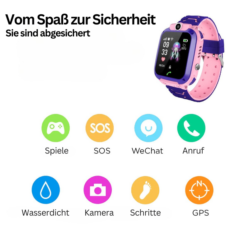 Kinder-Smartwatch rosa-lila, GPS, Kamera, wasserdicht, SOS-Funktion, Anruf, Spiele, Schritte.