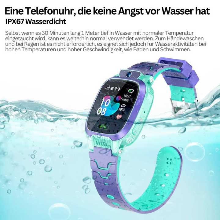 Kinder-Smartwatch, wasserdicht, lila-türkis, IPX67, Touchscreen, GPS, Fitness-Tracker.