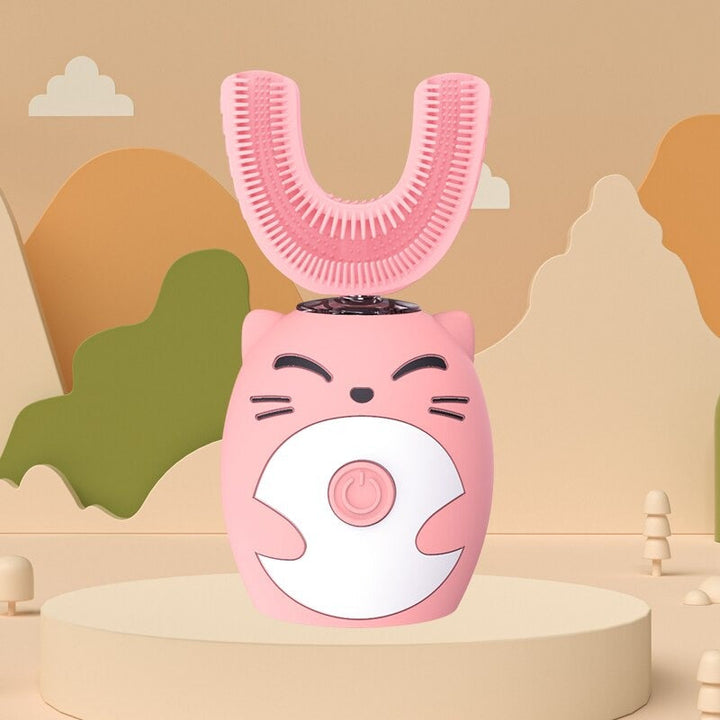 Rosa elektrische Kinderzahnbürste, U-förmig, Silikon, für 8-15 Jahre, Cartoon-Design.