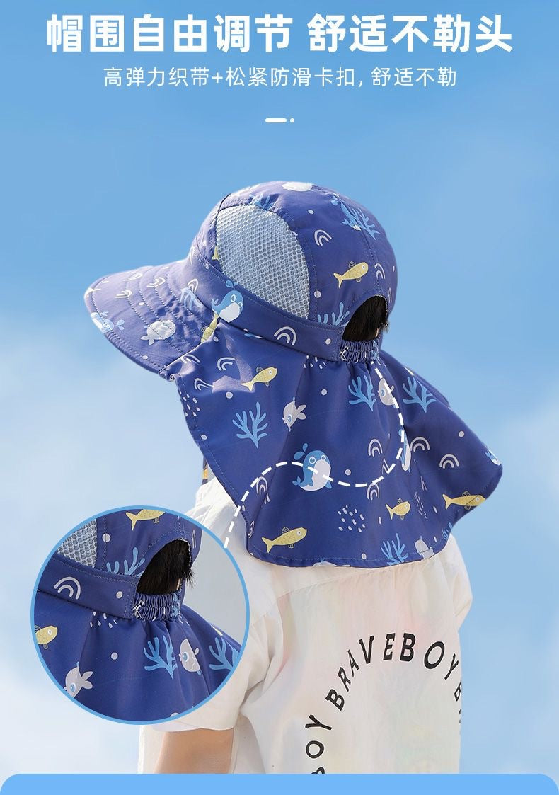 Blauer Kinder-Sonnenhut mit Nackenschutz, Cartoon-Muster, verstellbar, UV-Schutz.