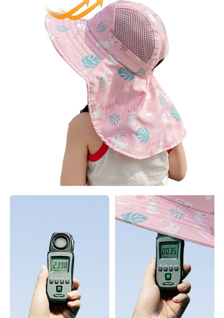 Kindersonnenhut rosa mit Hasenmotiv, UV-Schutz, Netzstoff, Sonnenschutzkleidung für Kinder.