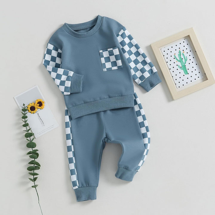 Blaues Baby-Sweatshirt-Set mit Karomuster, Langarm, Baumwolle, modisch, bequem.