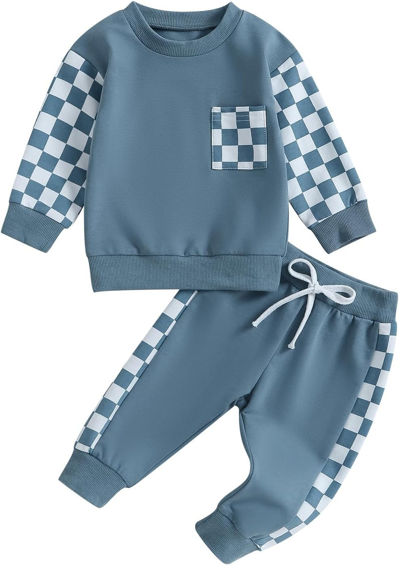 Blaues Kinder-Sweatshirt-Set mit Karomuster, Langarm, Baumwolle, Freizeitmode.