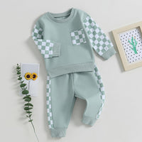 Grüner Baby-Sweatanzug mit Karomuster, Baumwolle, Langarm, Freizeitkleidung, Geschenkidee.