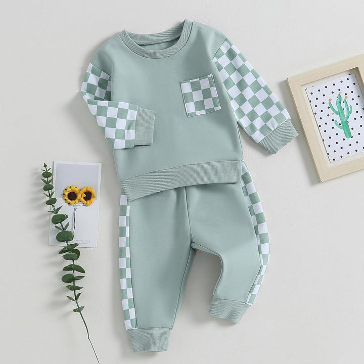 Grüner Baby-Sweatanzug mit Karomuster, Baumwolle, Langarm, Freizeitkleidung, Geschenkidee.