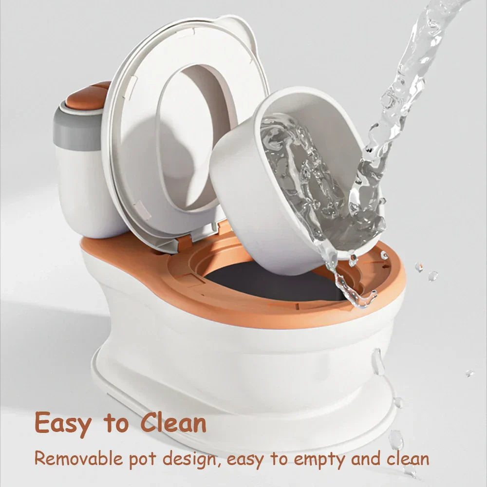 Weißer Kinder-Töpfchensitz mit abnehmbarem Topf, weicher PU-Polsterung und Musikfunktion.