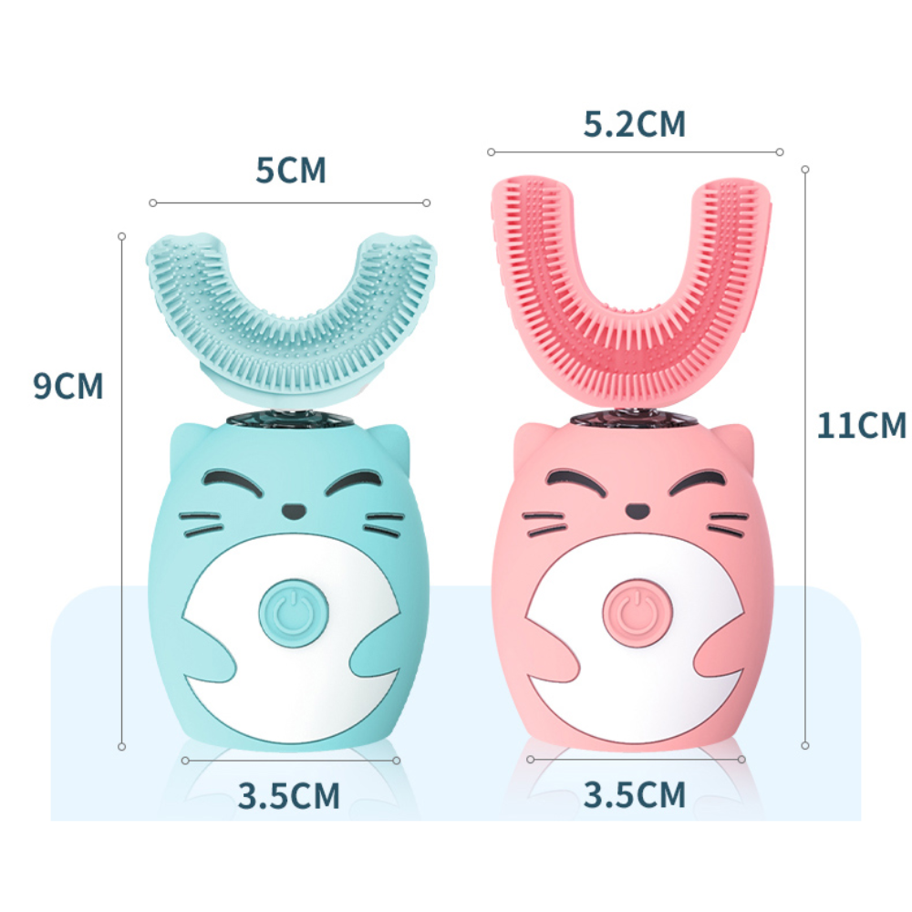 Elektrische Kinderzahnbürste, U-förmig, blau und rosa, Cartoon-Design, 5,2 cm Breite.