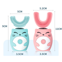 Elektrische Kinderzahnbürste, U-förmig, blau und rosa, Cartoon-Design, 5,2 cm Breite.