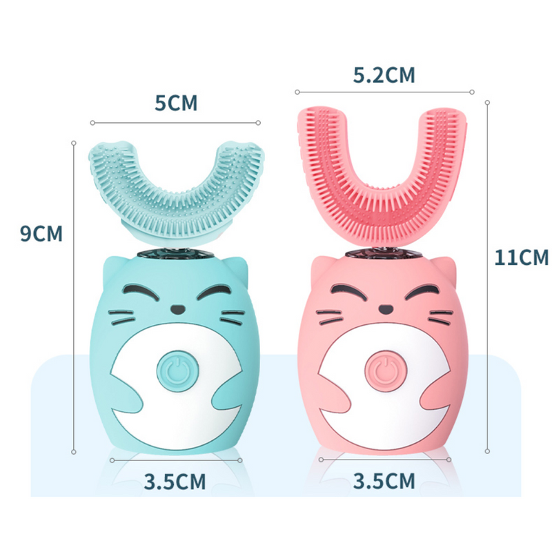 Elektrische Kinderzahnbürste, U-förmig, blau und rosa, Cartoon-Design, 5,2 cm Breite.