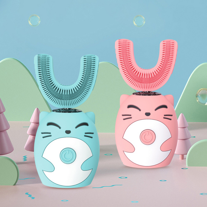 Niedliche elektrische Kinderzahnbürste in Katzenform, blau und rosa, U-förmiger Bürstenkopf.