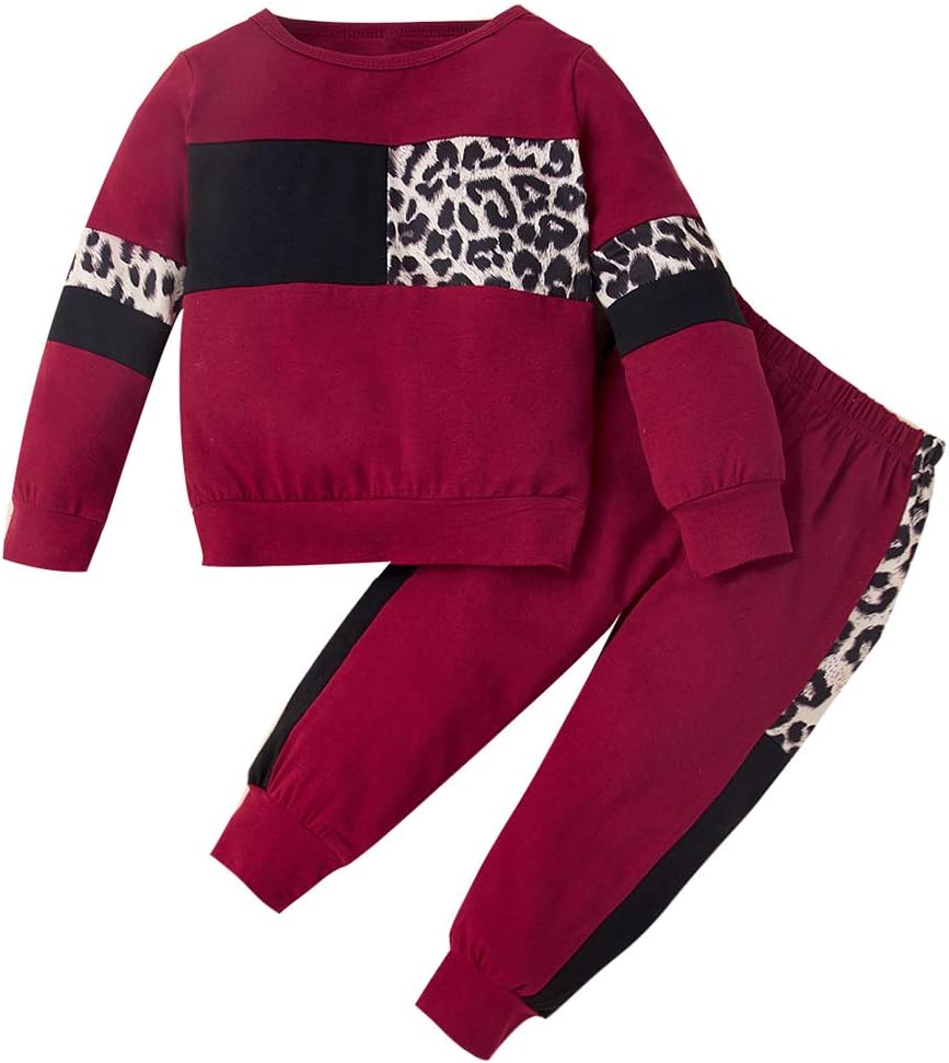 Zweiteiliges Kinder-Set, bordeauxrot, mit Leopardenmuster, Baumwolle, bequem, modisch.