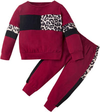 Zweiteiliges Kinder-Set, bordeauxrot, mit Leopardenmuster, Baumwolle, bequem, modisch.