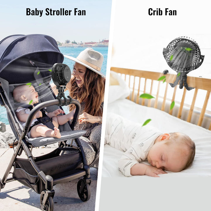 Ventilator für Kinderwagen und Babybett, schwarz, tragbar, leise, USB-aufladbar.