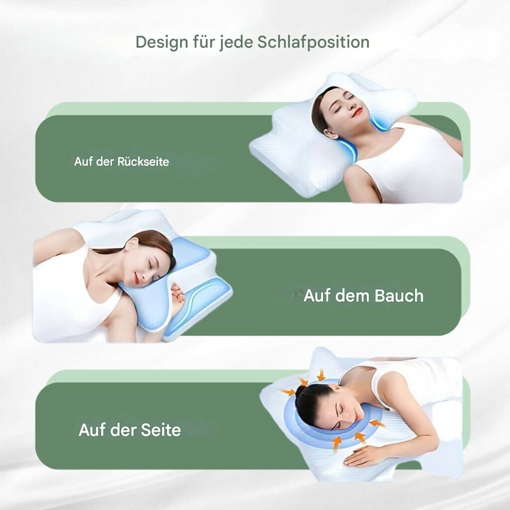 Orthopädisches Kissen für alle Schlafpositionen, ergonomisch, weiß-blau, Komfort, Unterstützung.