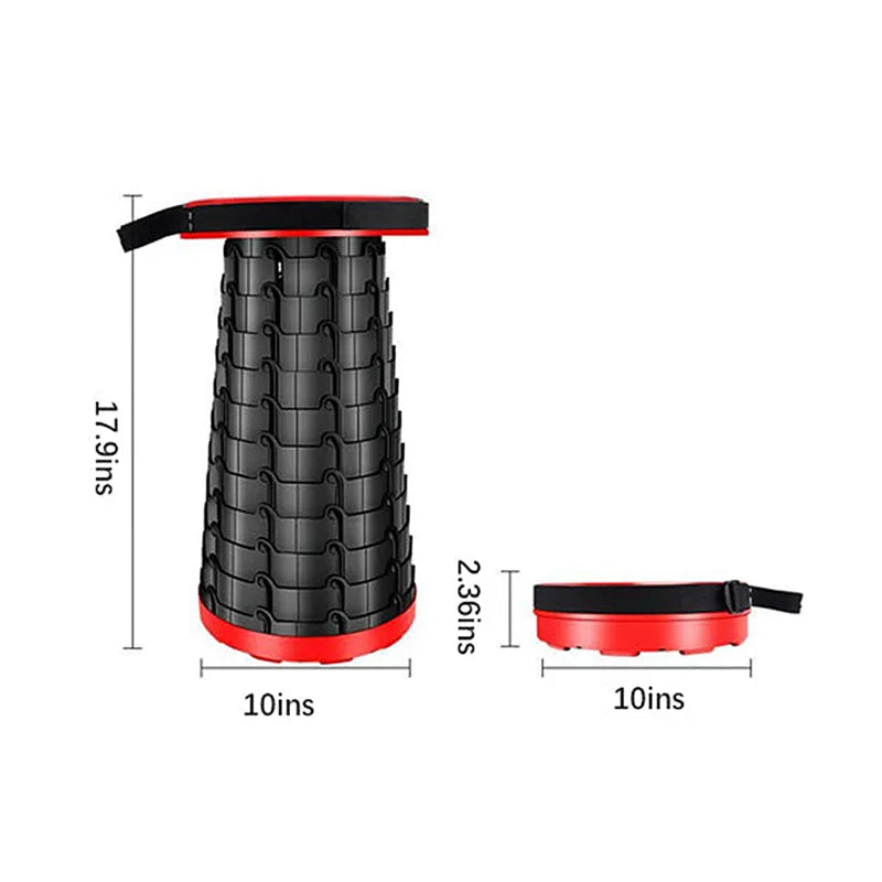 Schwarzer und roter klappbarer Teleskophocker, tragbar, verstellbar, kompakt für Camping.