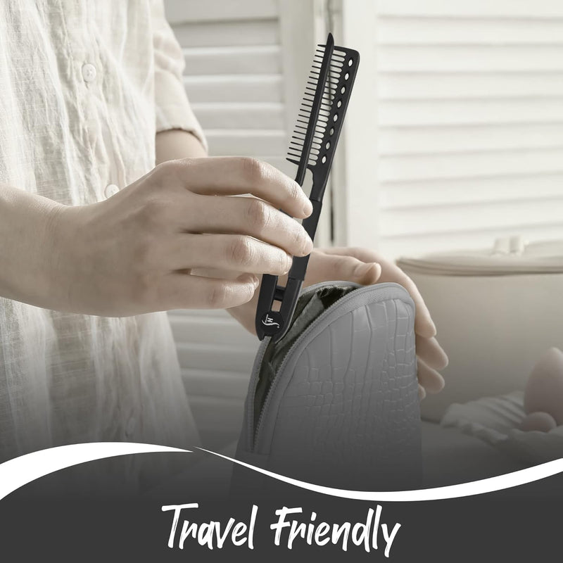 Klappkamm schwarz, Reisegröße, in grauer Kulturtasche, ideal für unterwegs.