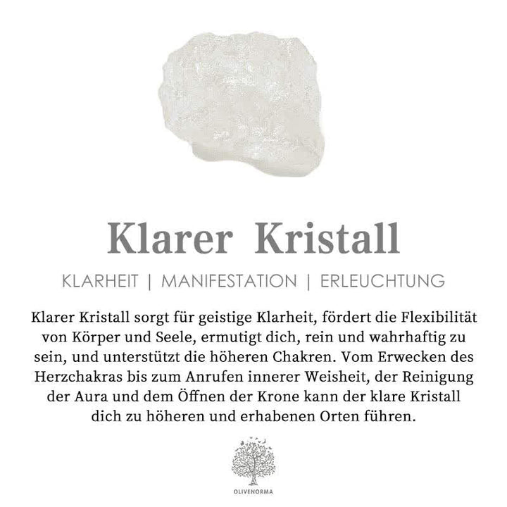 Klarer Kristall auf weißem Hintergrund, fördert Klarheit und Erleuchtung, spirituelle Dekoration.