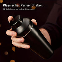 Schwarzer Pariser Cocktailshaker aus Edelstahl, ideal für Barkeeper und Cocktail-Enthusiasten.