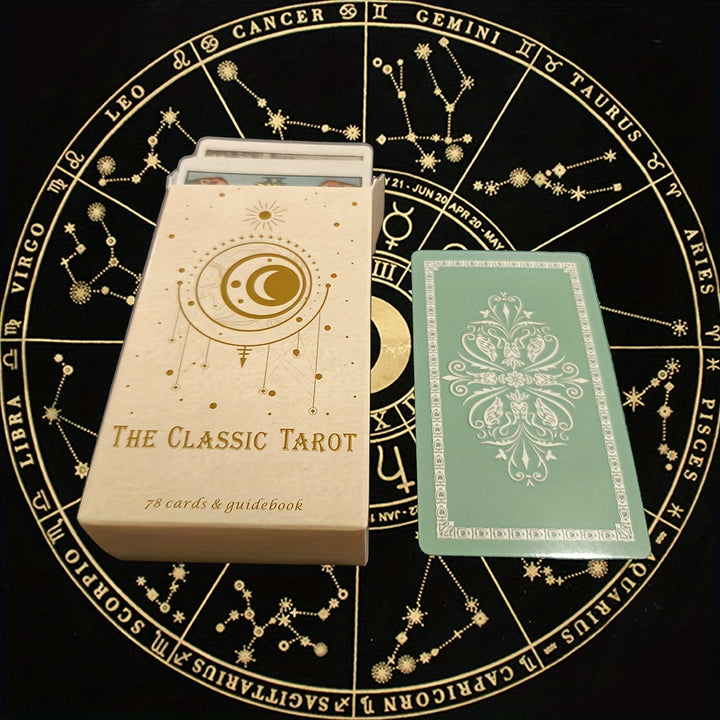Klassisches Tarot-Set mit 78 Karten und Anleitung, beige Schachtel, grüner Kartenrücken, Sternzeichen.