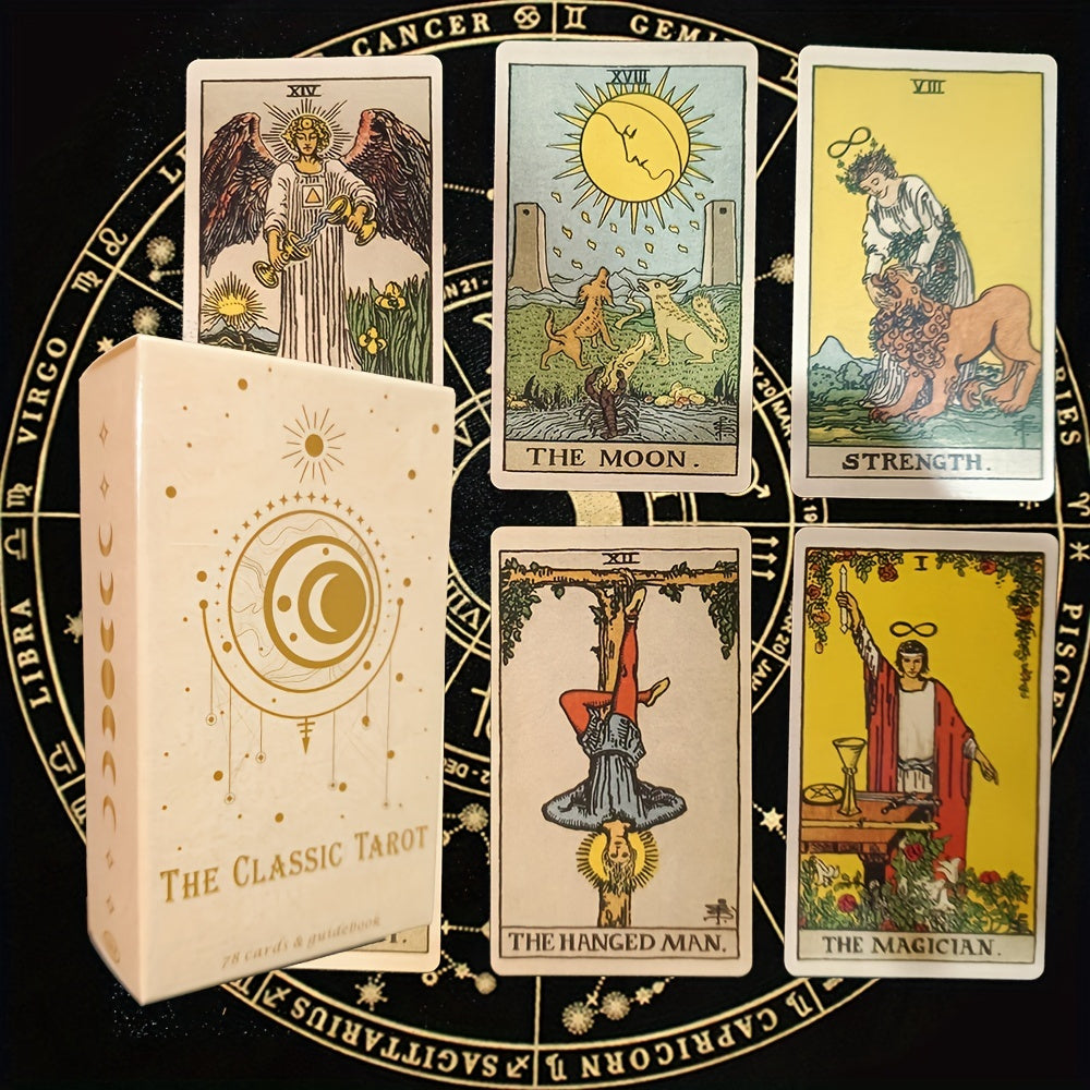 Tarotkarten-Set mit Schachtel, klassische Motive, Mond, Stärke, Magier, Hängender, Engel.