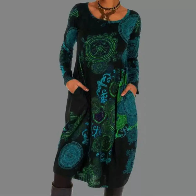 Damenkleid mit langen Ärmeln, grün-blaues Mandala-Muster, Boho-Stil, Baumwolle.