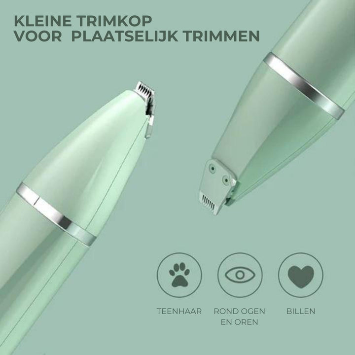 Grüner Tierhaarschneider, kleiner Trimmkopf, ideal für Pfoten, Augen, Ohren.