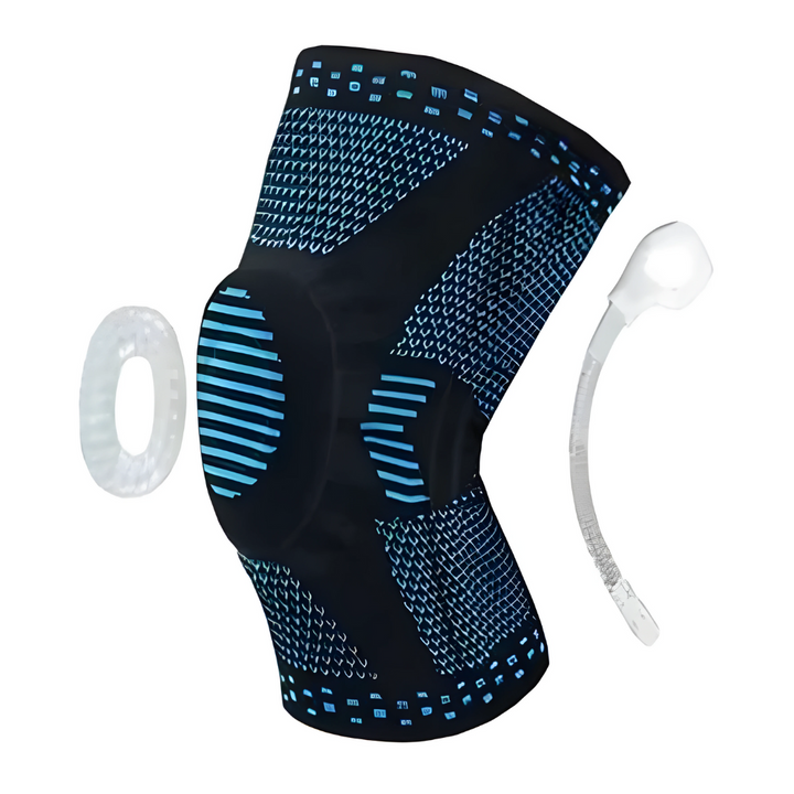Schwarze Kniebandage mit blauen Akzenten, elastisch, für Sport und Unterstützung.