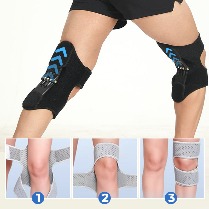 Schwarze Kniebandage mit blauen Pfeilen, verstellbar, für Sport und Unterstützung.