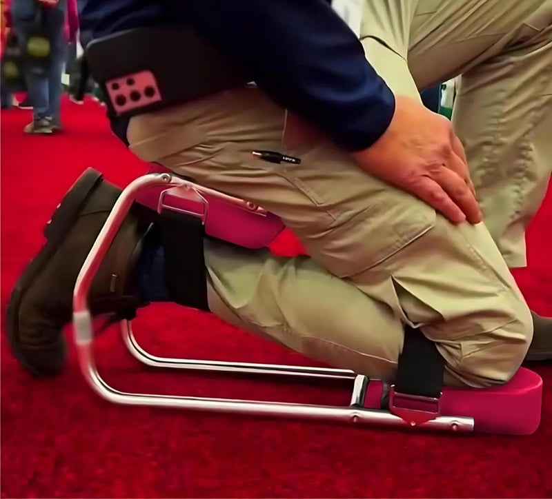 Tragbarer Gartenkniehocker mit Riemen, Metallrahmen, ergonomisch, rot.