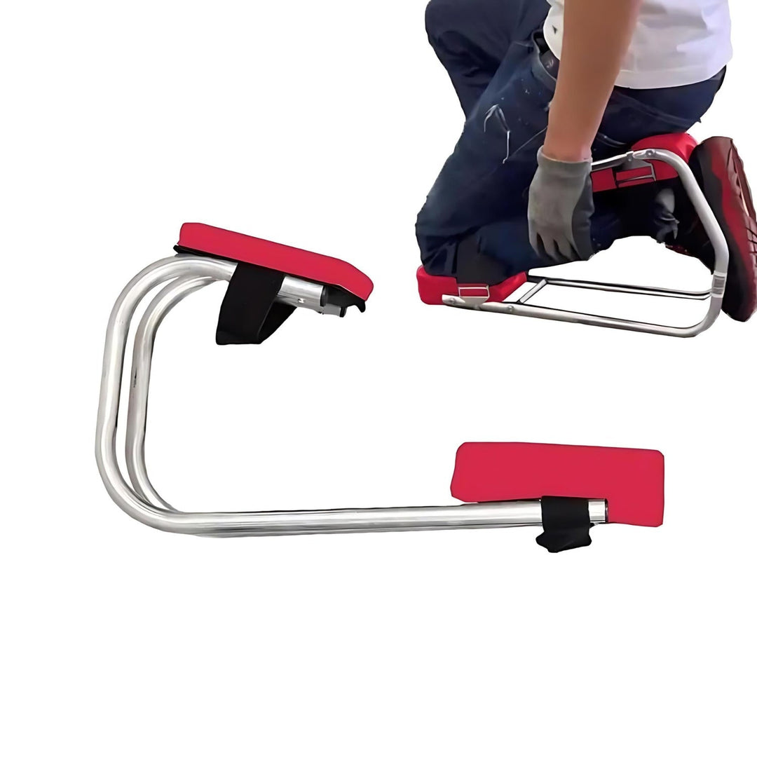 Rote Knieunterstützung für Gartenarbeit, klappbar, ergonomisch, mit Metallrahmen.