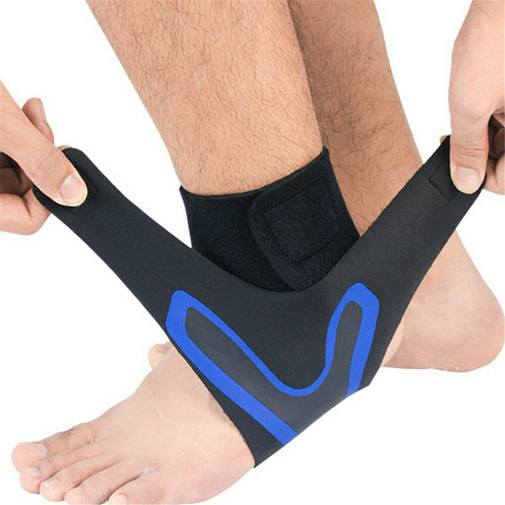 Schwarze und blaue Knöchelbandage, Neopren, verstellbar, für Sportverletzungen und Stabilität.