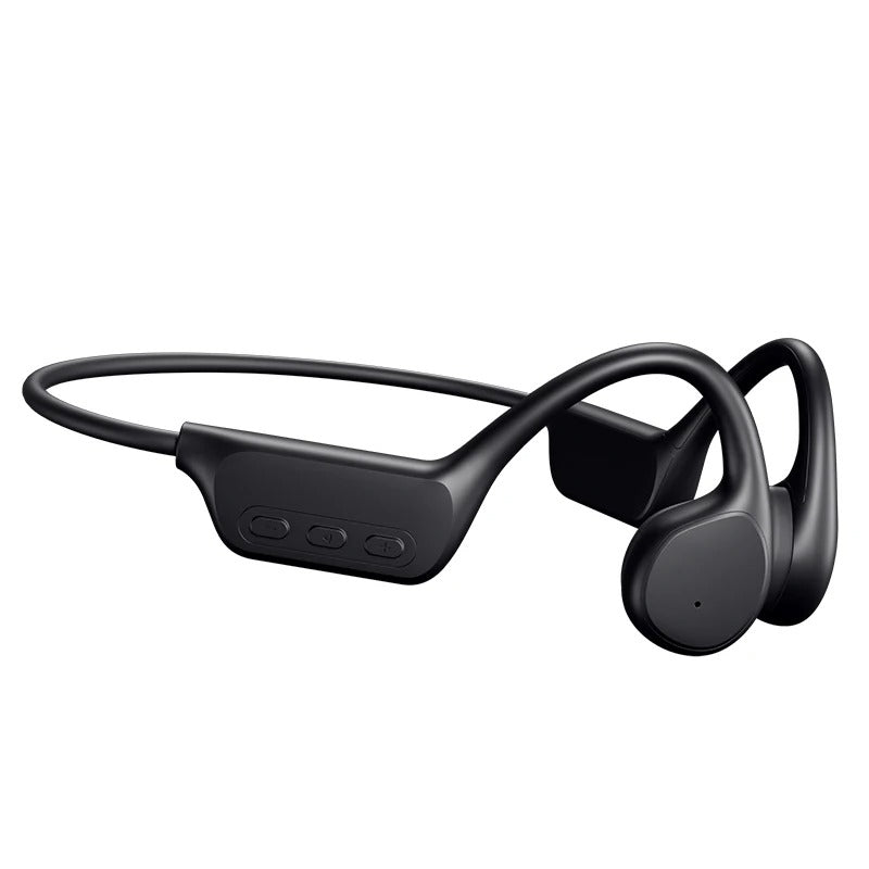 Schwarze kabellose Knochenleitungs-Kopfhörer, ergonomisches Design, Bluetooth-kompatibel.
