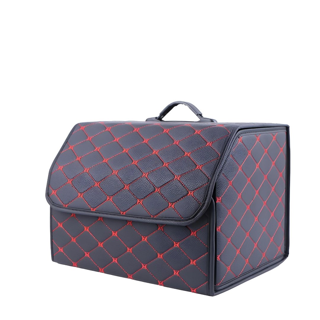 Schwarze Kofferraum-Box mit rotem Rautenmuster, Auto-Organizer, Lederoptik, faltbar.