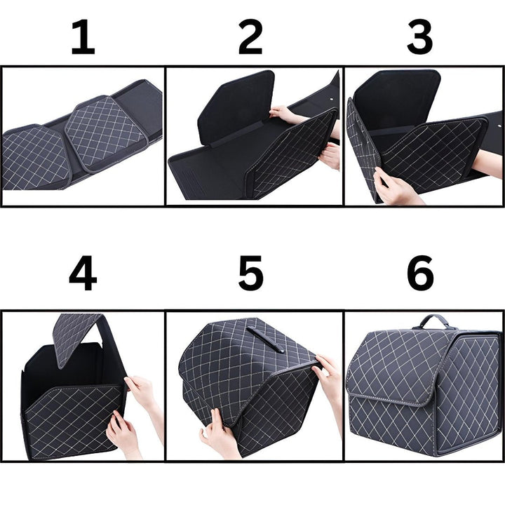 Montageanleitung für faltbare Kofferraum-Box, schwarz, mit Rautenmuster, Schritt-für-Schritt.