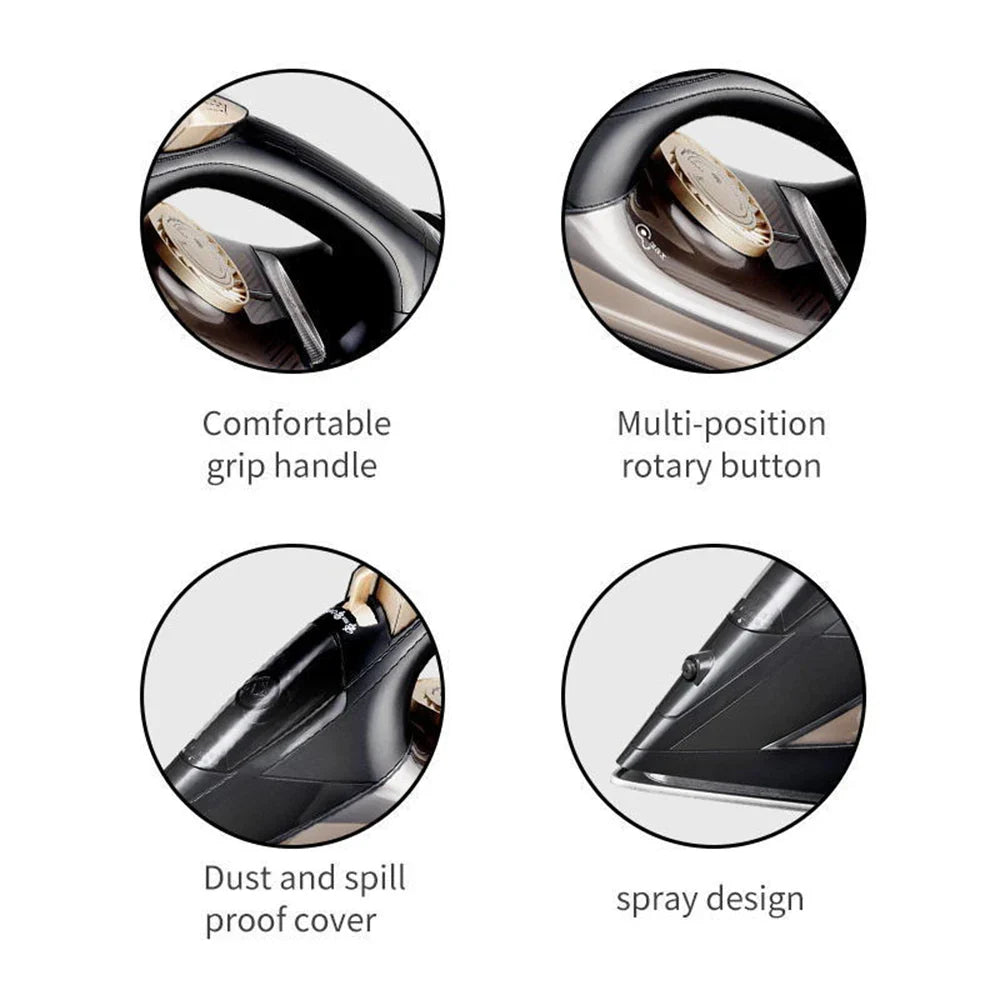 Schwarzes Bügeleisen mit ergonomischem Griff, Drehknopf, Sprühdesign, staubdichter Abdeckung.